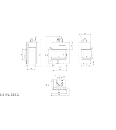 Kominek powietrzny KRATKI MBM lewy BS 10 kW Ø 200 gięta szyba czarne wyłożenie marki Kratki z kategorii Wkłady kominkowe powietrzne